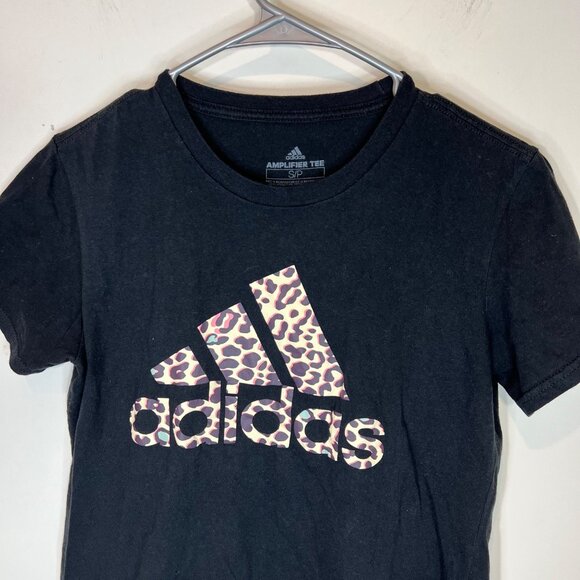 Adidas Amplifier Tee‎ Womens Black & Animal Print Size Small Petite Tee Shirt - Picture 5 of 9